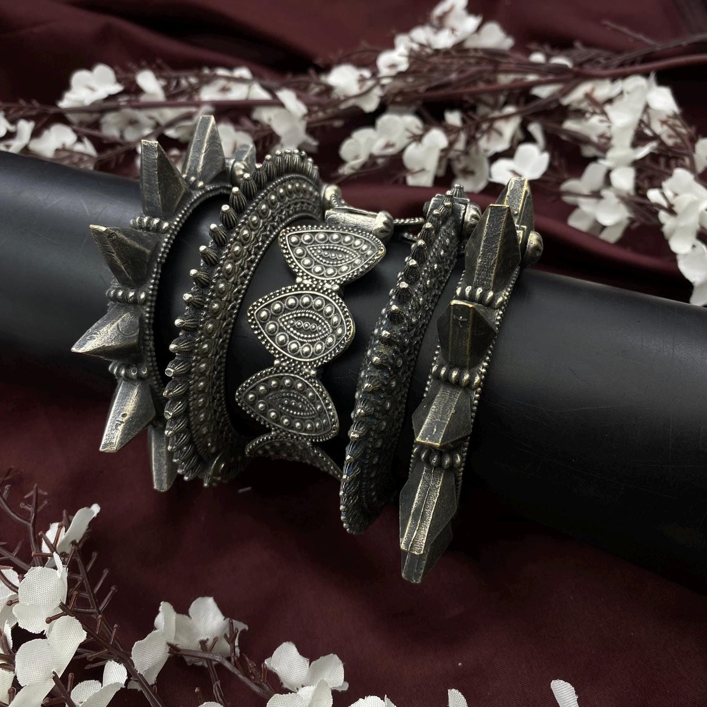 Set of 5 pc Indian Oxidised Silver kada bangles ethnic tribal antique vintage temple jewelry south indian jewelry wedding kadas
