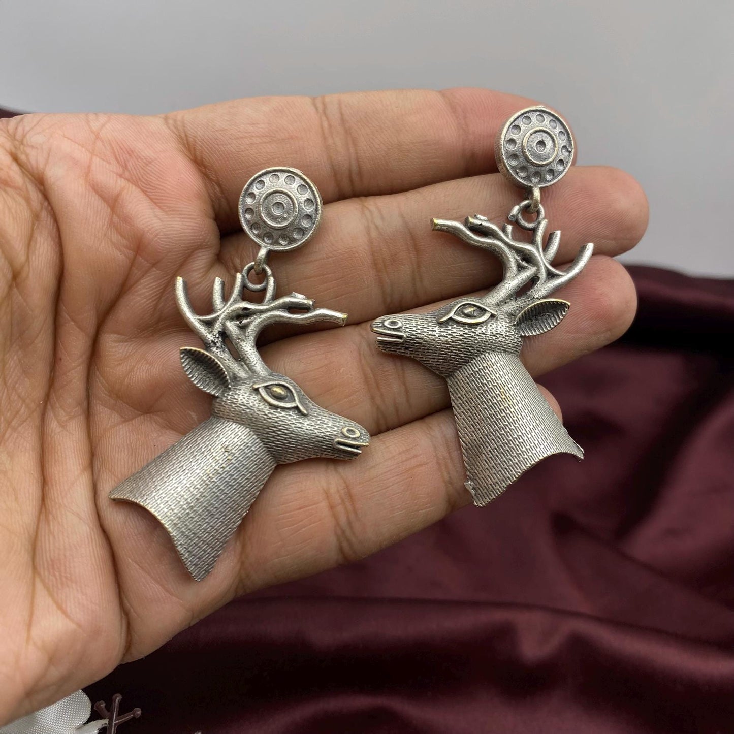 Tribal Deer Head Earrings | Oxidized Silver Statement Dangle Earrings | Ethnic Animal Jewelry for Women | Handmade Boho Festival Accessories