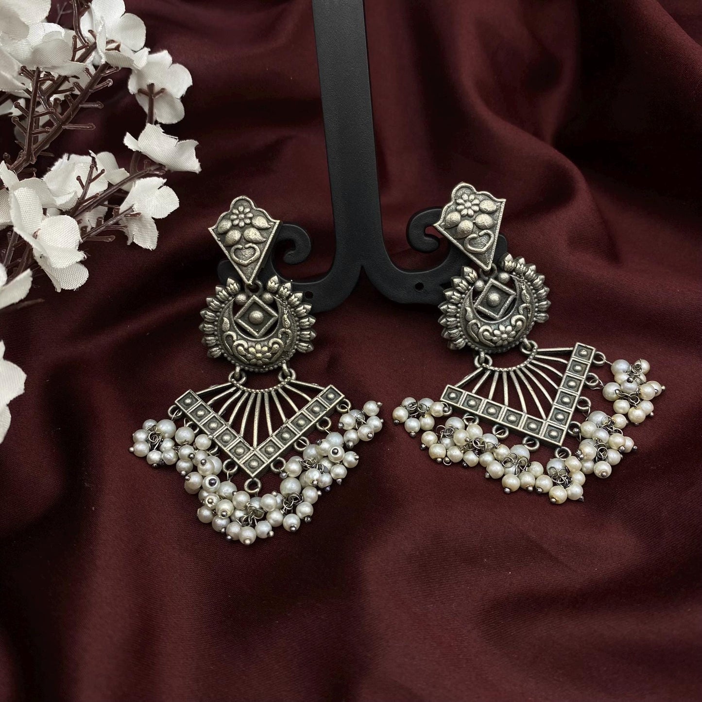 Handmade Oxidized Silver Chandelier Earrings with Pearl Danglers by Quirky Fashions