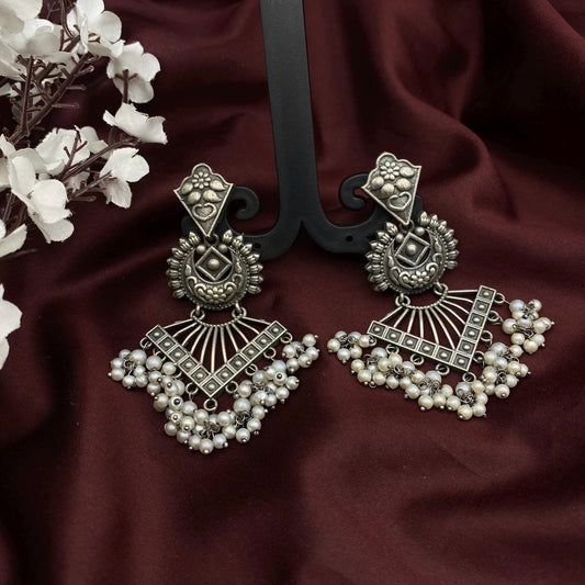 Handmade Oxidized Silver Chandelier Earrings with Pearl Danglers by Quirky Fashions