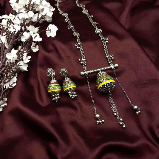 Boho Tribal Oxidized Silver Necklace Set with Hand-Painted Beads | Dangler Earrings & Pendant | Indian Ethnic Jewelry by Quirky Fashions