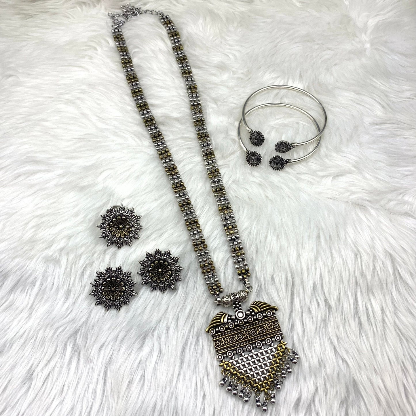 Quirky Fashions Dual tone Oxidized German silver necklace combo set with stud earrings, rings, and bracelets, Indian style jewelry valentine