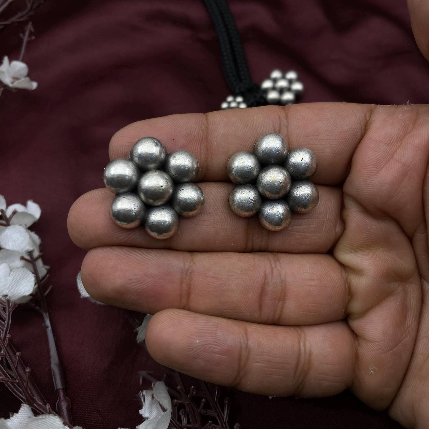 Oxidized Silver Geometric Floral Pendant Necklace Set | Handmade Tribal Jewelry with Stud Earrings