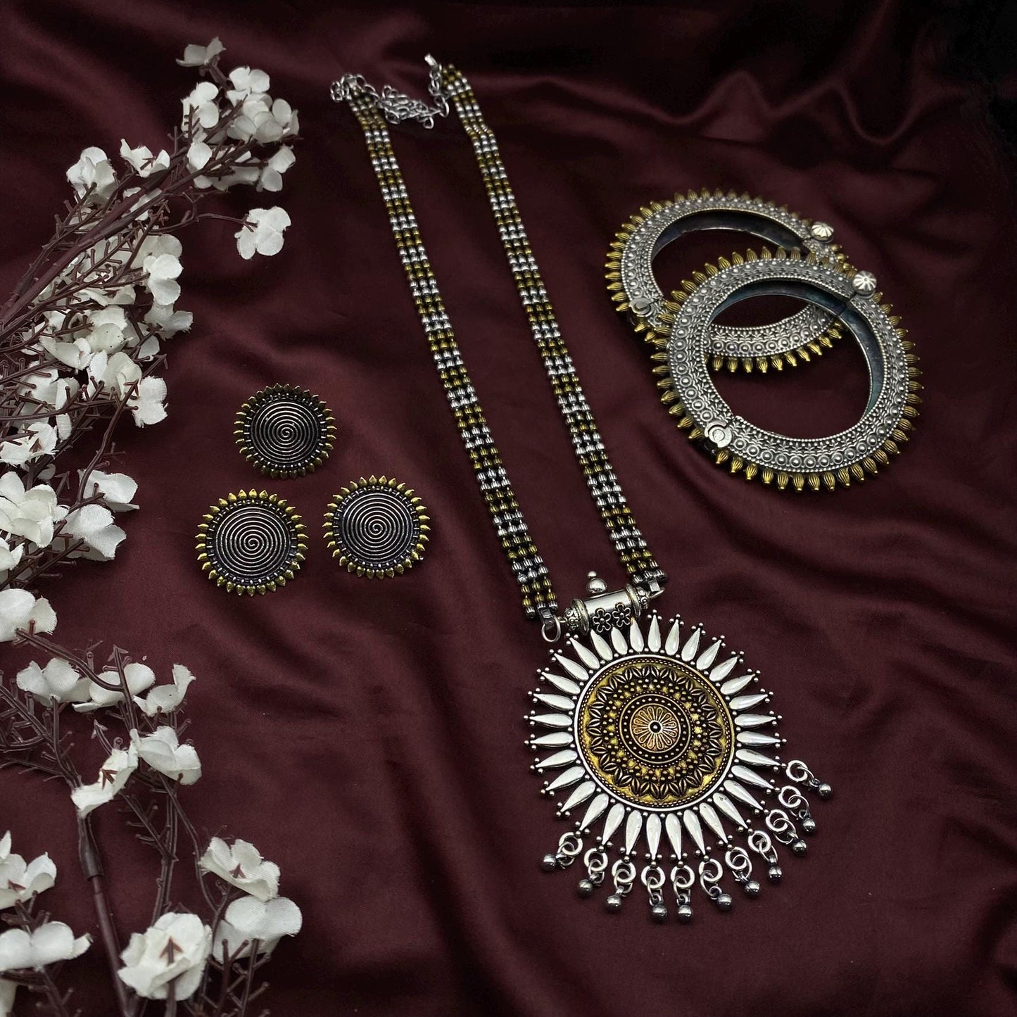 Quirky Fashions Dual tone Oxidized German silver necklace combo set with stud earrings, rings, and bracelets, Indian style jewelry valentine