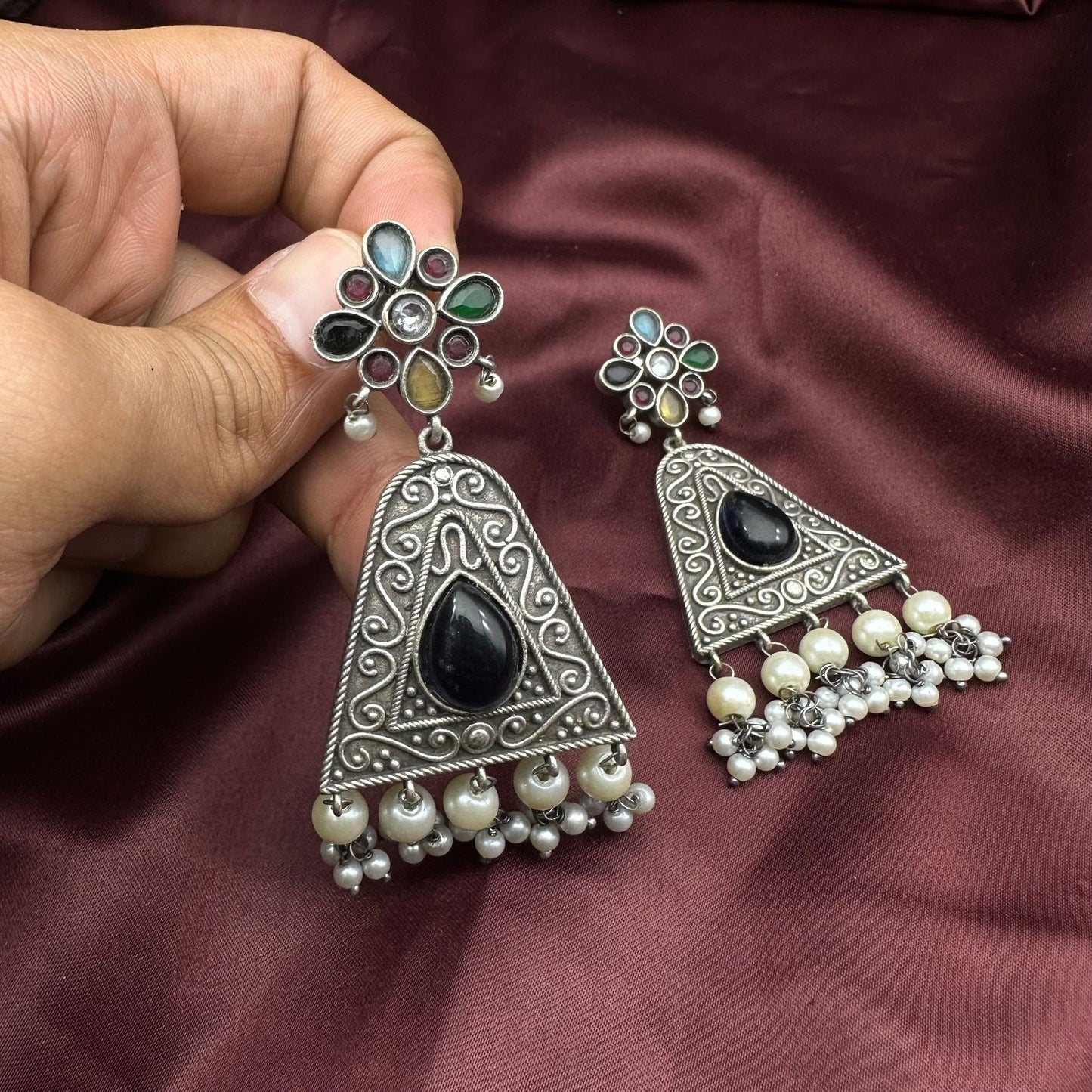 Oxidized Silver Triangle Dangle Earrings with Yellow Stone & Pearl Beads | Boho Tribal Earrings | Available in Multiple Colors