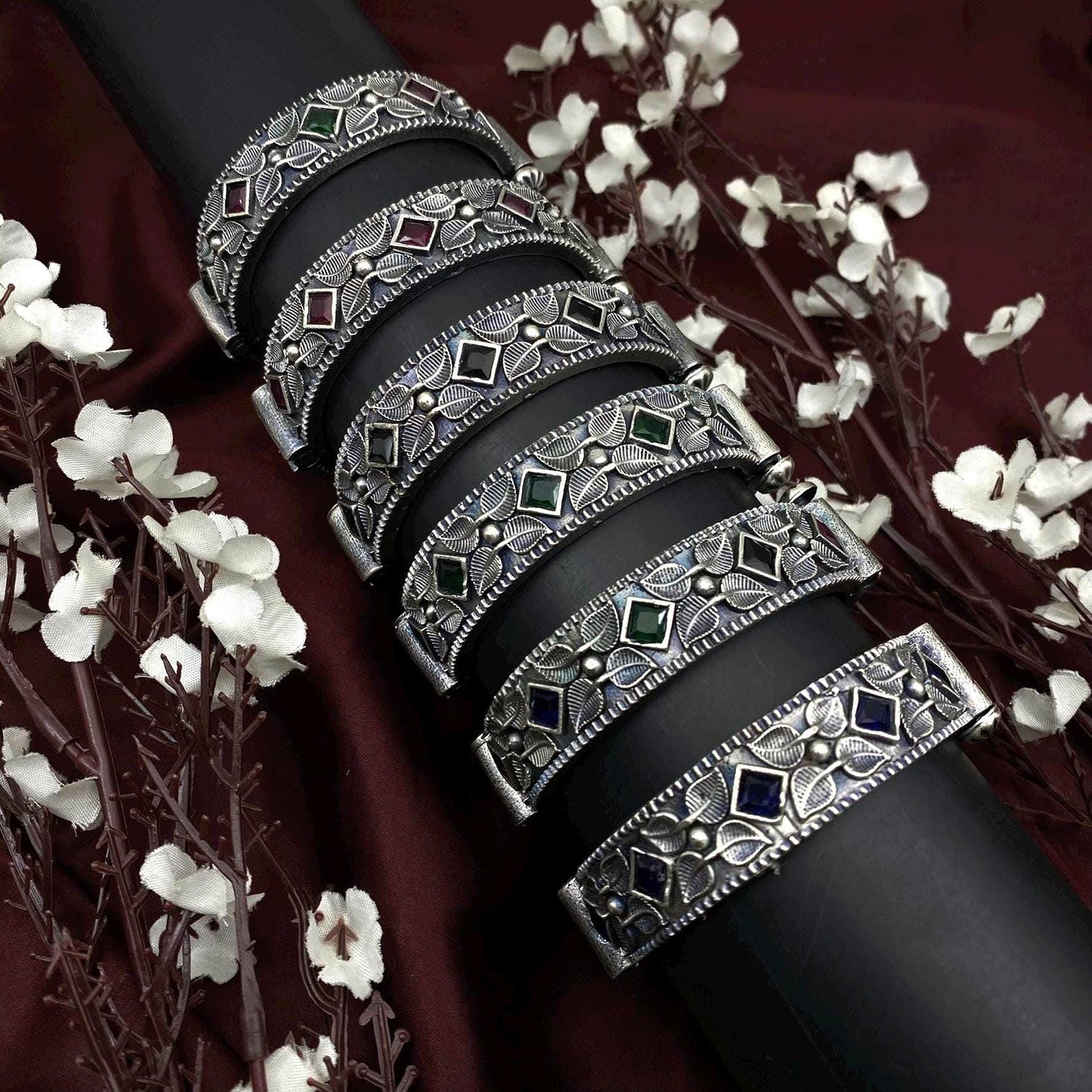 Quirky Fashions Oxidized Silver Bangles with Floral Carving – Traditional Pair in Red, Green, Blue, or Black Stone