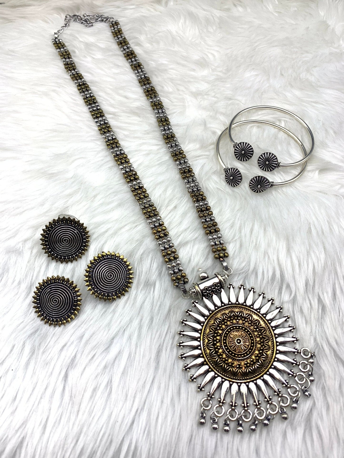 Quirky Fashions Dual tone Oxidized German silver necklace combo set with stud earrings, rings, and bracelets, Indian style jewelry valentine