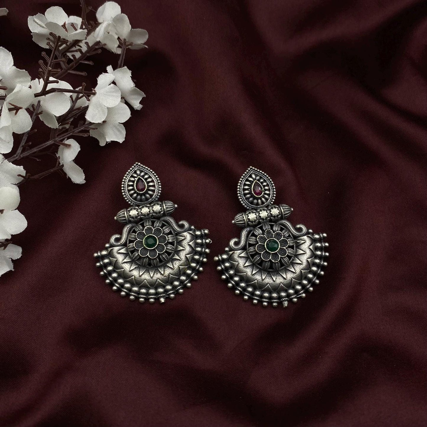 Oxidised Antique Silver Teardrop Floral Chaandbali Earrings by Quirky Fashions – Available in 10 Colors