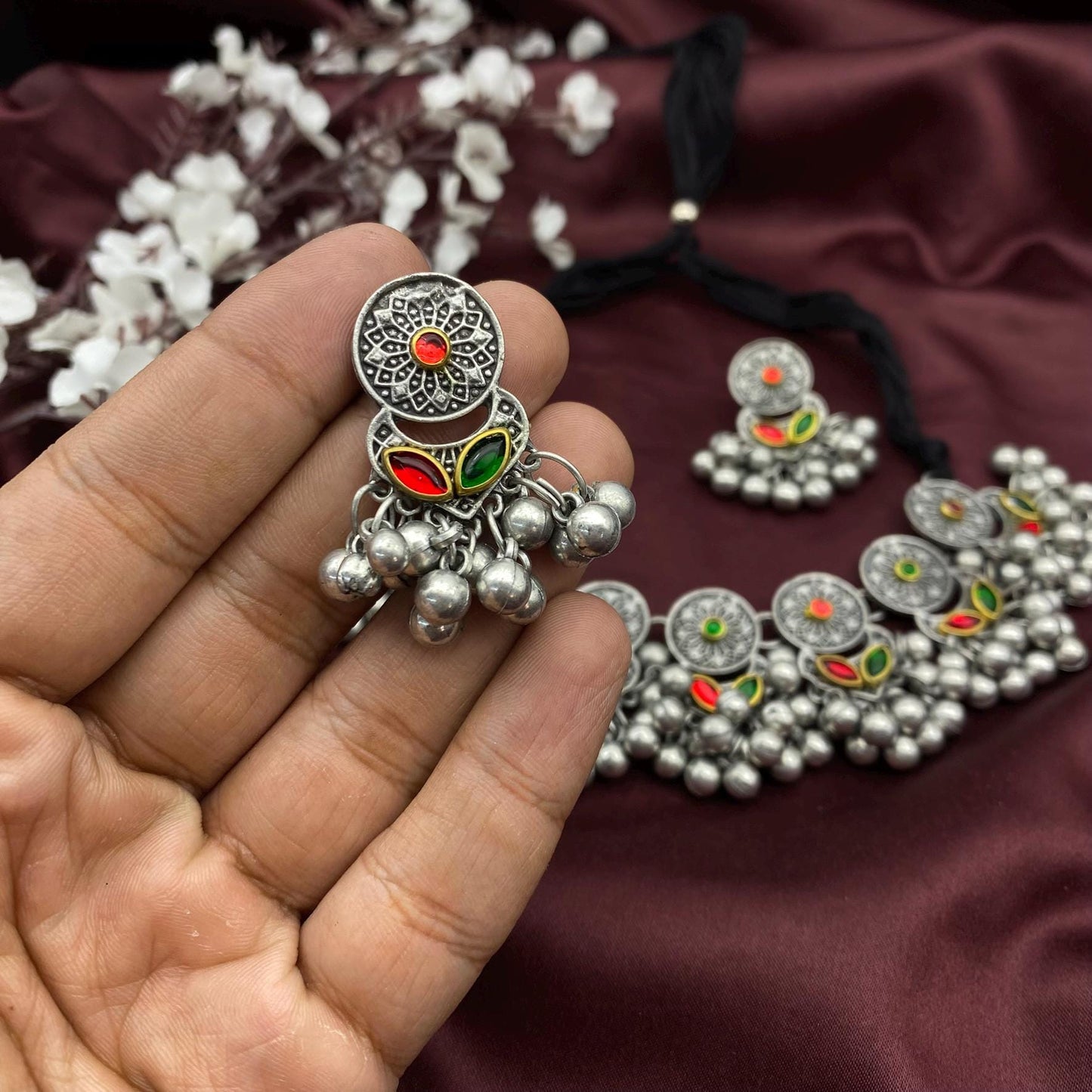Oxidized Silver Choker Necklace Set | Tribal Statement Jewelry with Red & Green Enamel | Boho Ethnic Necklace with Earrings