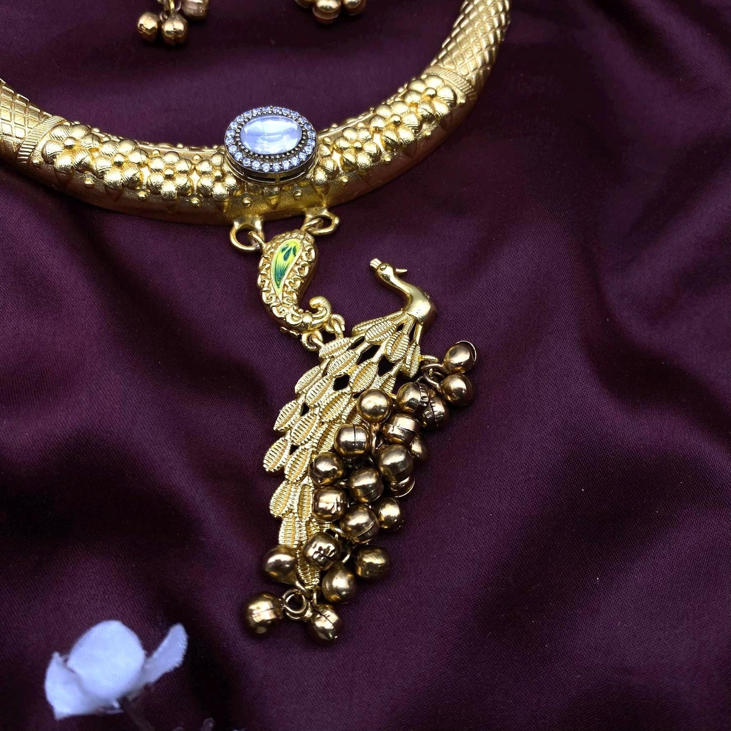 South Indian Temple Jewelry Hasli Necklace Set with Peacock Pendant & Earrings – Gold Tone Bridal Choker by Quirky Fashions