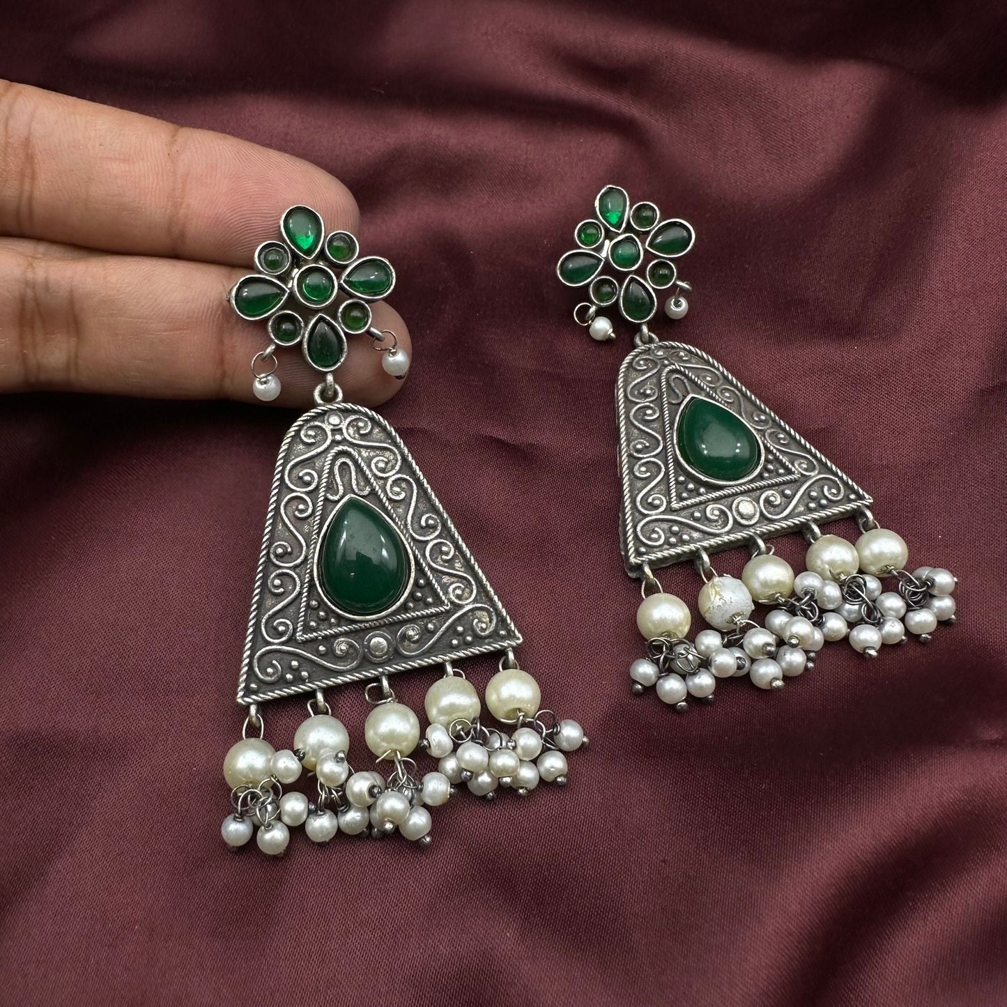 Oxidized Silver Triangle Dangle Earrings with Yellow Stone & Pearl Beads | Boho Tribal Earrings | Available in Multiple Colors