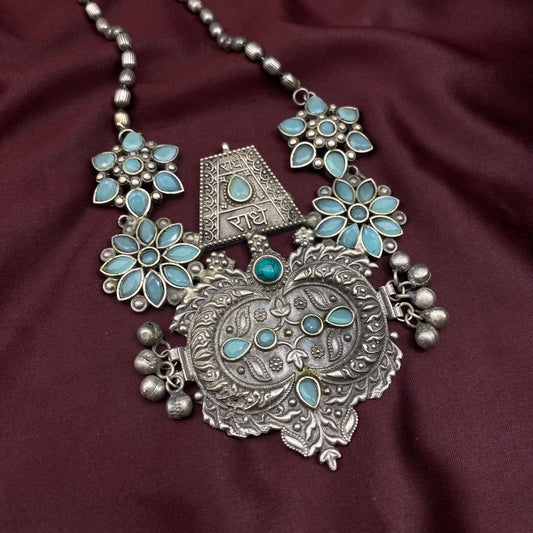 Fusion Statement Oxidised Silver Jewelry Tribal Ethnic Vintage Antique Handmade Necklace SLA Mint Blue Gemstone