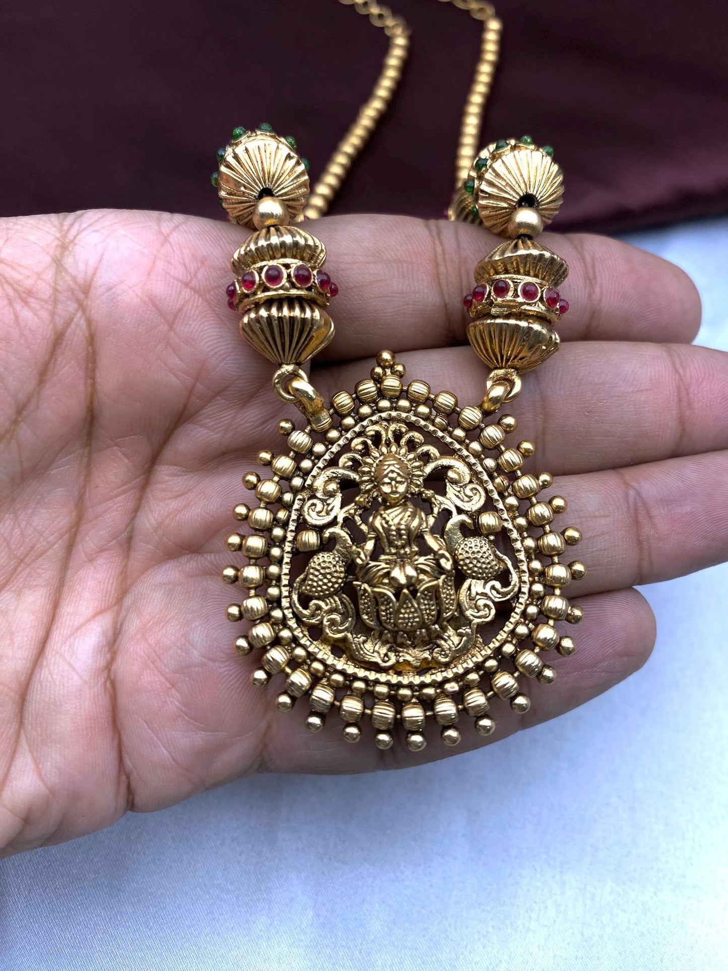 South Indian Temple Jewelry Necklace Set | Handmade Goddess Lakshmi Pendant Necklace with Earrings | Bridal Jewelry by Quirky Fashions
