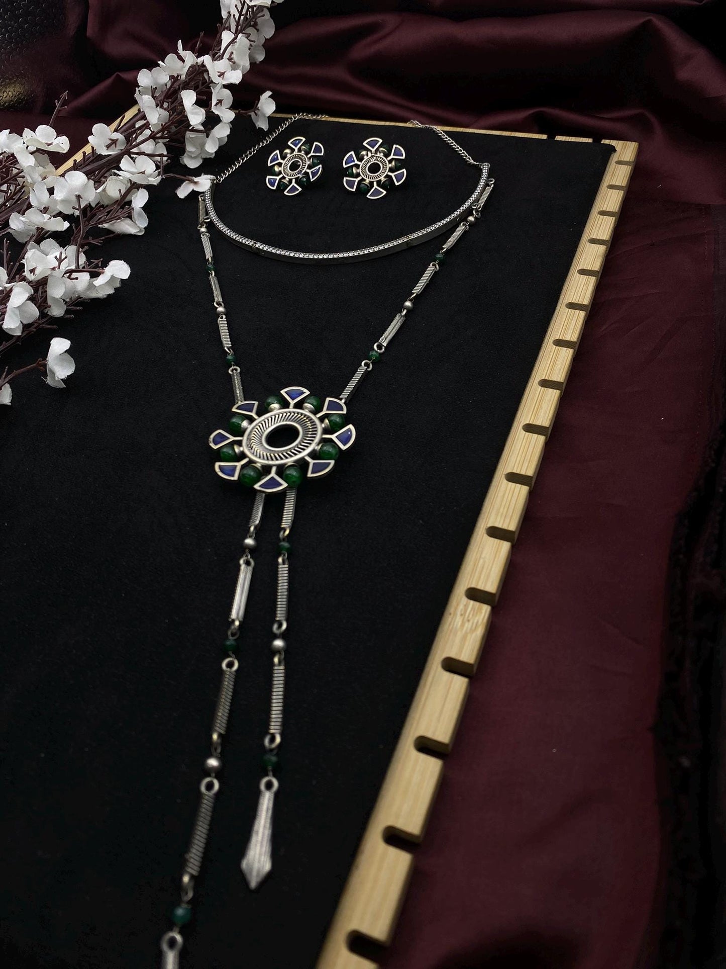 Tribal Oxidized Silver Long Necklace Set with Stud Earrings | Enamel Flower Pendant | Boho Ethnic Jewelry by Quirky Fashions