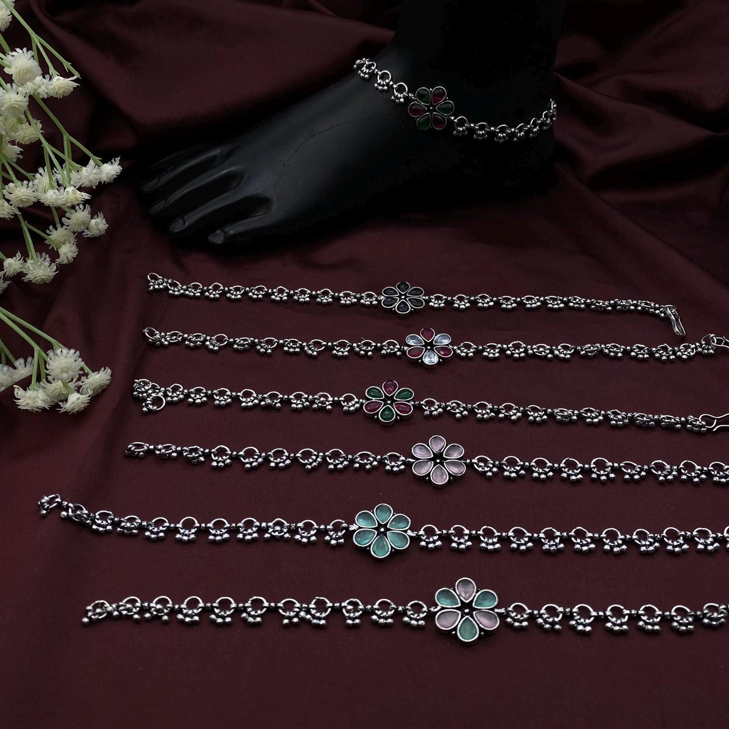 Handmade Oxidized Silver Floral Anklets with Gemstone Accents by Quirky Fashions