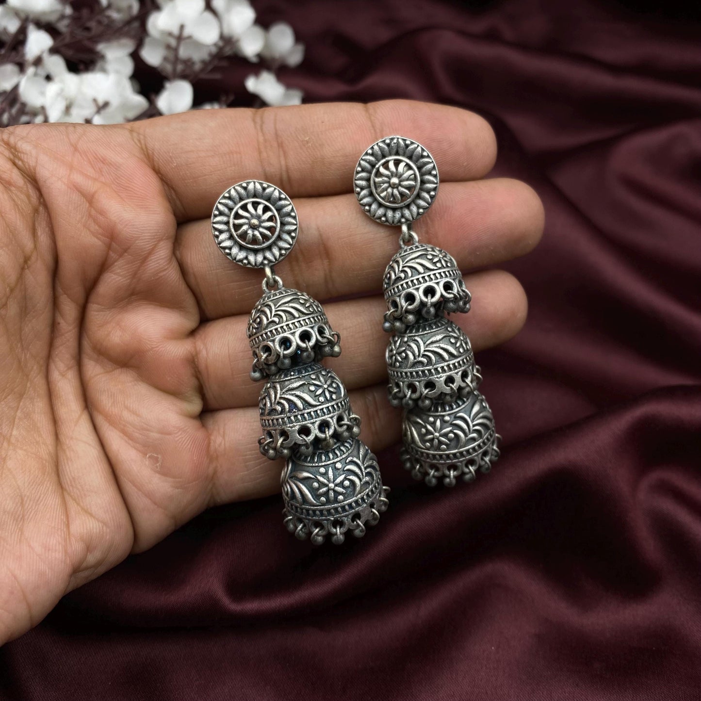Quirky Fashions Oxidized Silver Triple Jhumka Earrings – Boho Vintage Dangle Earrings for Women