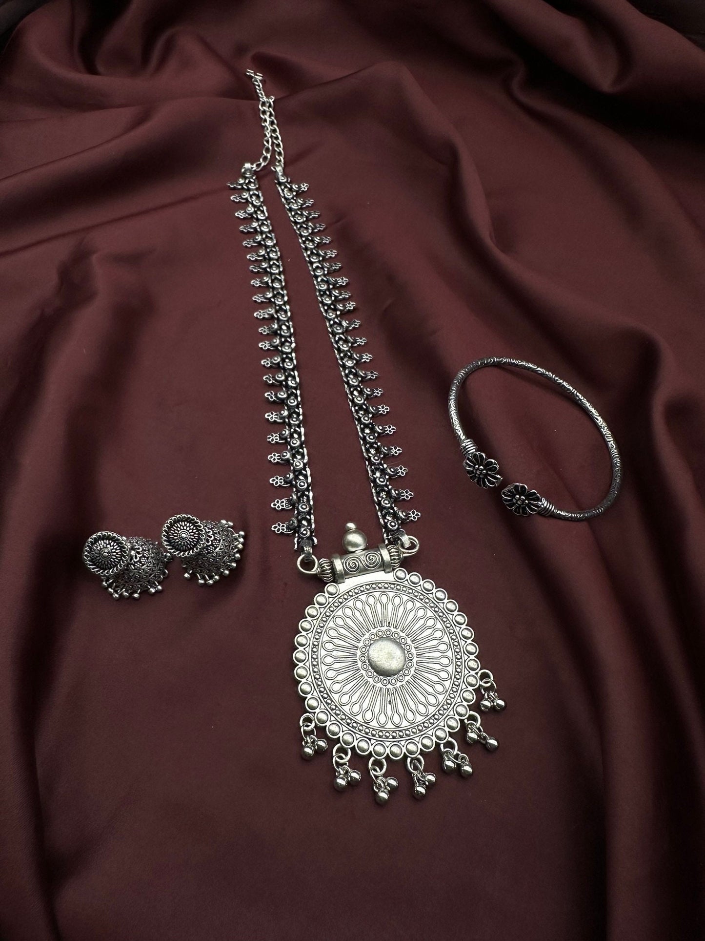 Indian Long Oxidised Jewelry Temple Jewelry with Jhumka Earrings & 1 pc German Silver Adjustable Kada Bangle