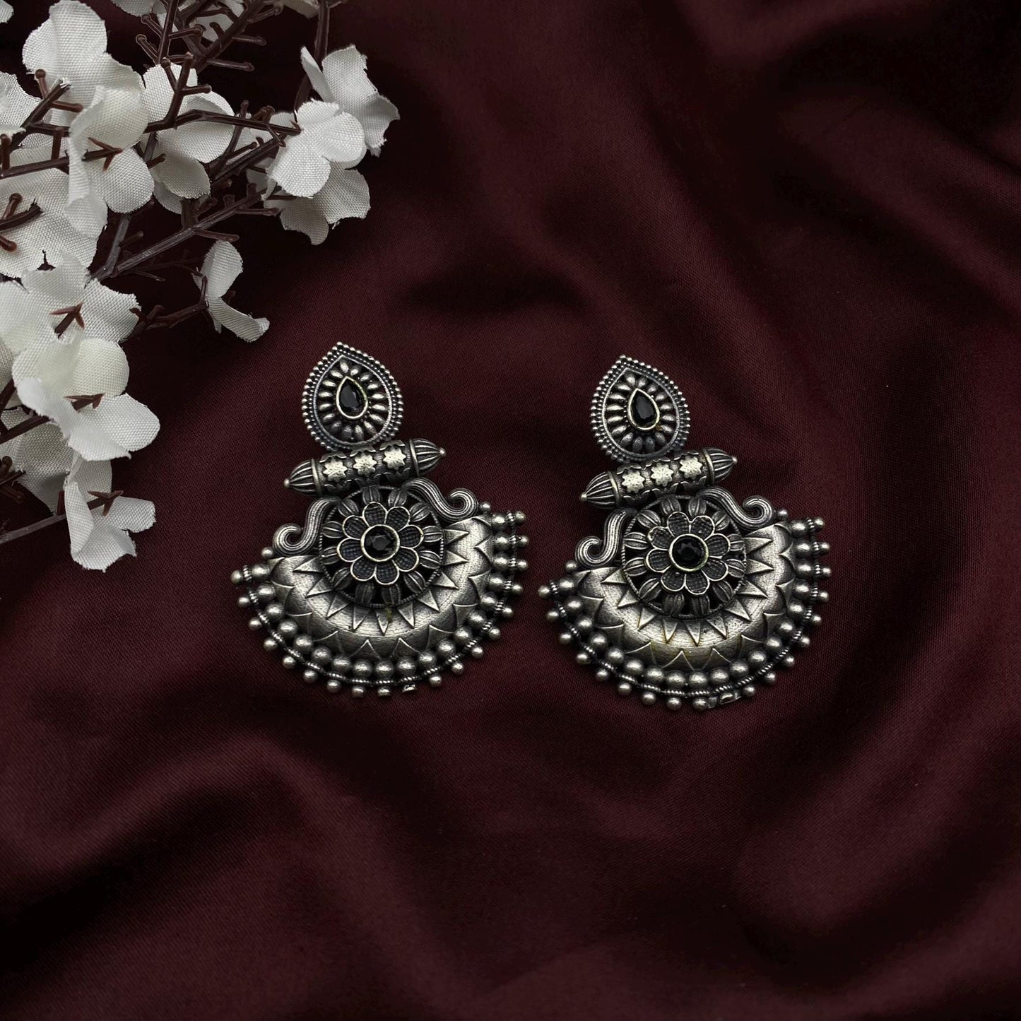 Oxidised Antique Silver Teardrop Floral Chaandbali Earrings by Quirky Fashions – Available in 10 Colors