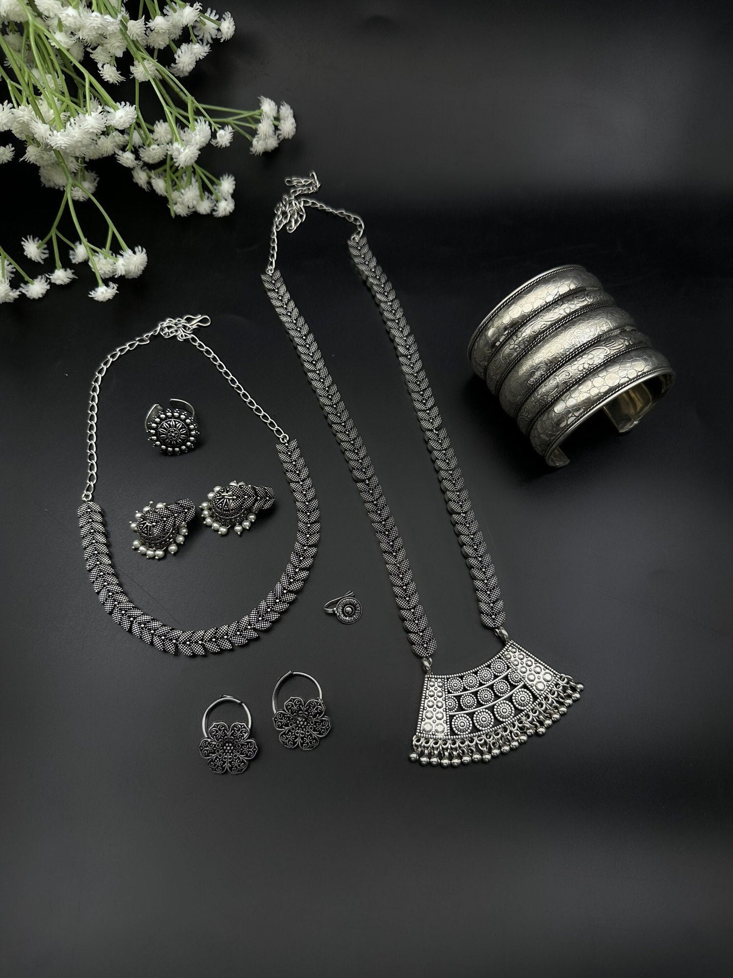 Indian Oxidised Jewelry Set of 7 pcs Long & Short Necklace Adjustable Ring Earrings Toe Rings Adjustable Cuff Bangles Nose Pin Boho Tribal