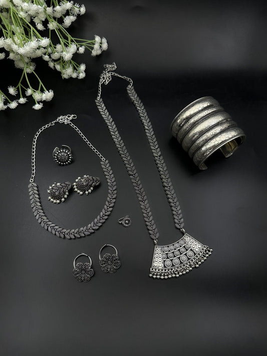 Indian Oxidised Jewelry Set of 7 pcs Long & Short Necklace Adjustable Ring Earrings Toe Rings Adjustable Cuff Bangles Nose Pin Boho Tribal