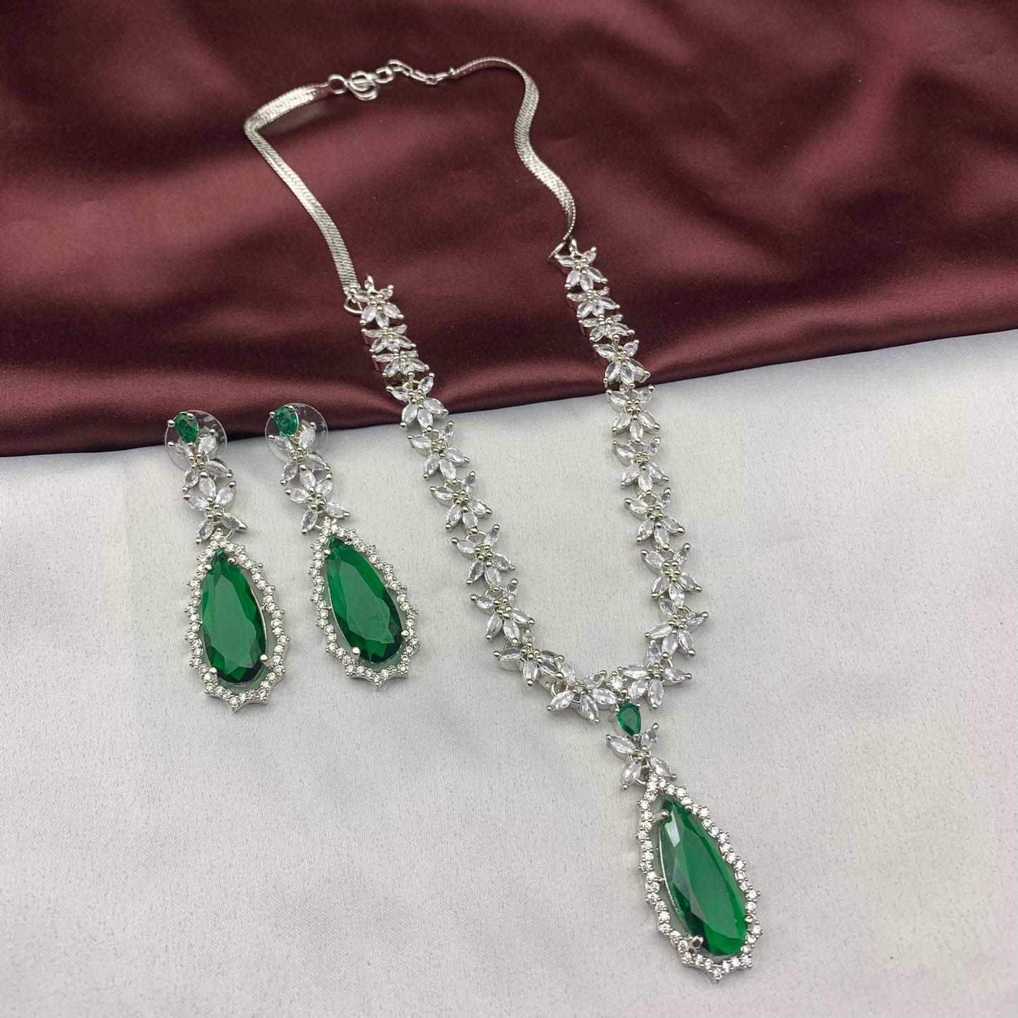 Quirky Fashions emerald drop shape stone CZ necklace with matching earrings | Indian Jewelry | Wedding Jewelry | Indian outfits | Women Gift