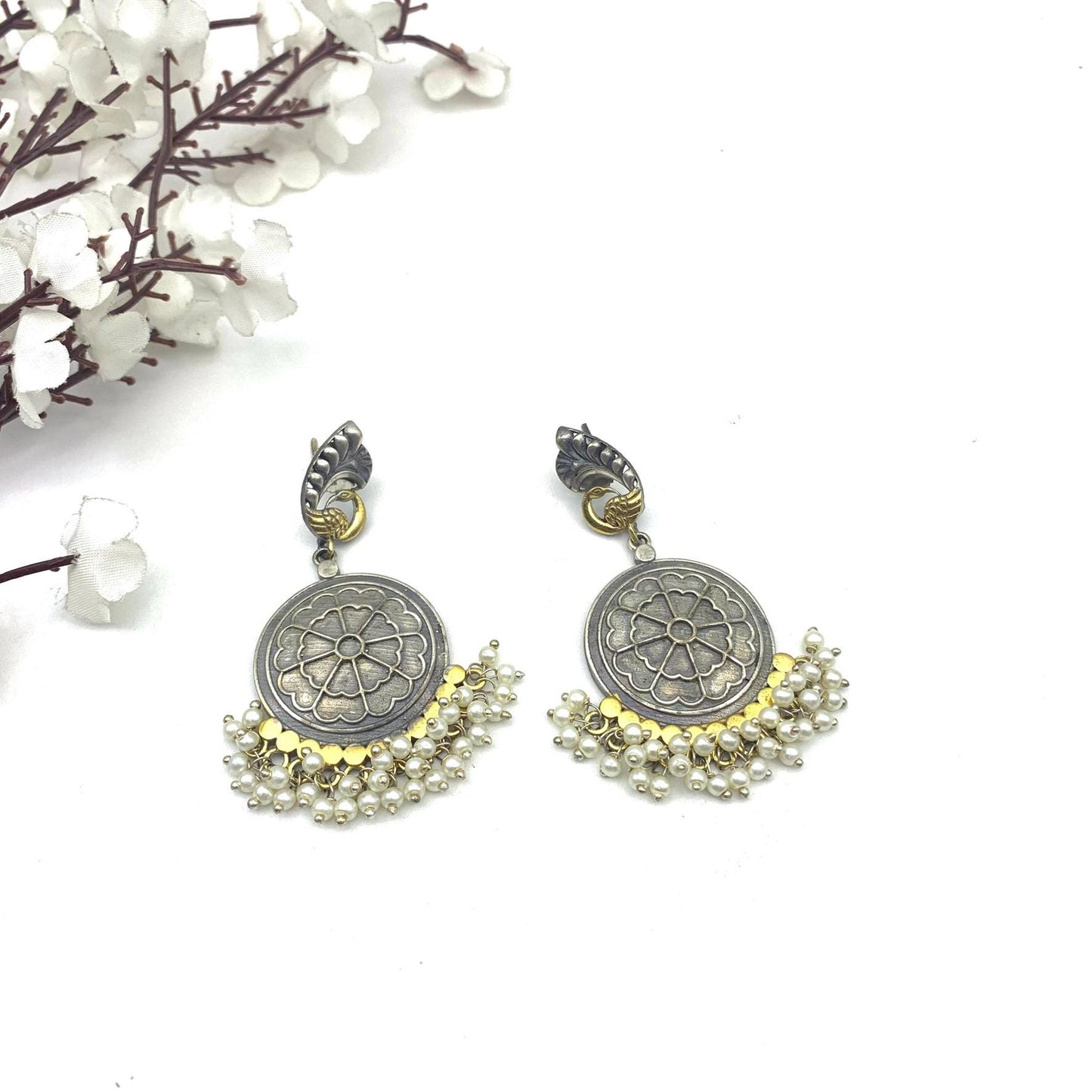 Handcrafted Oxidized Silver Choker Necklace Set | Antique Floral Design | Pearl Drop Earrings | Ethnic Jewelry by Quirky Fashions