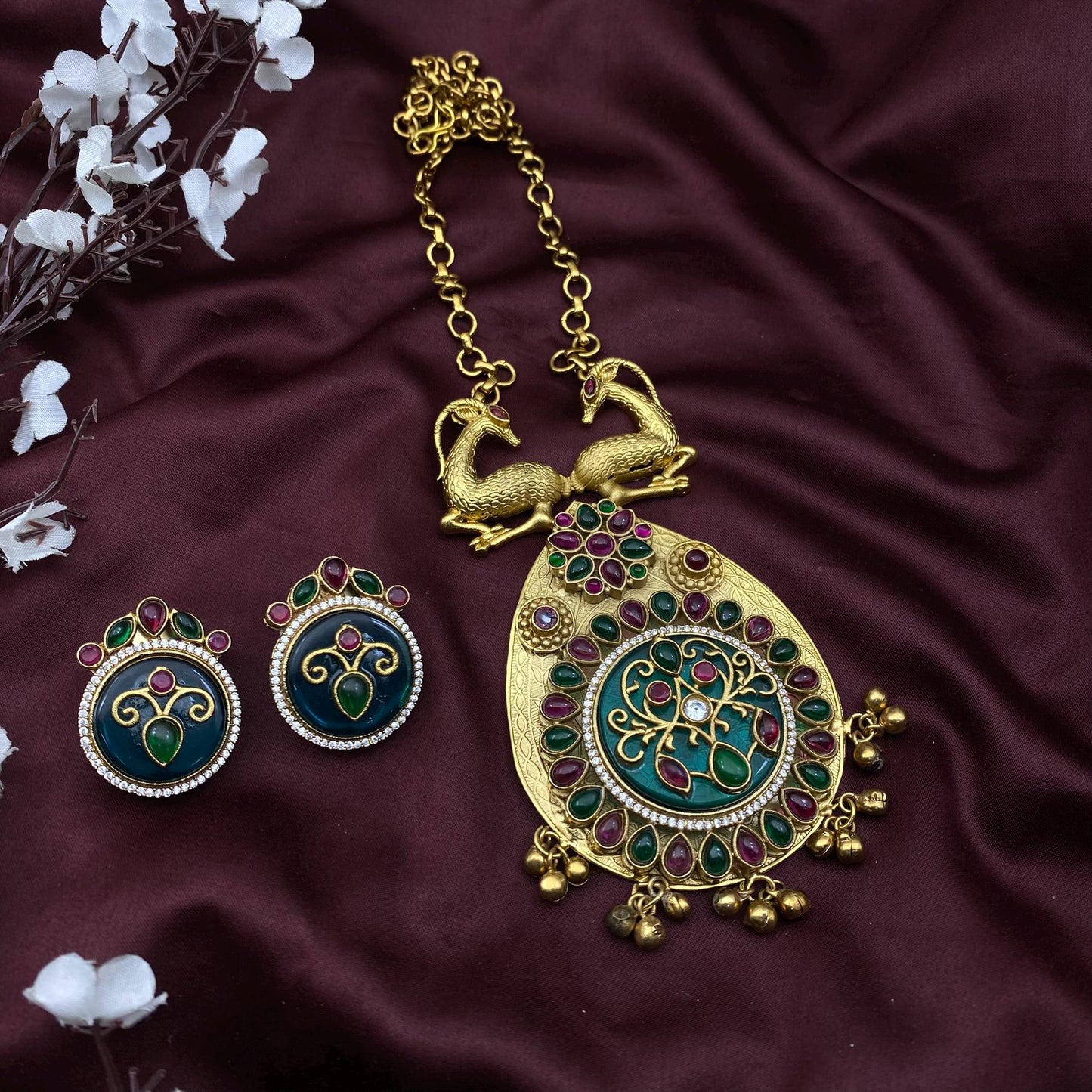Deer Motif Temple Necklace Set with Earrings – Dual Color Options | South Indian Bridal Jewelry | Quirky Fashions