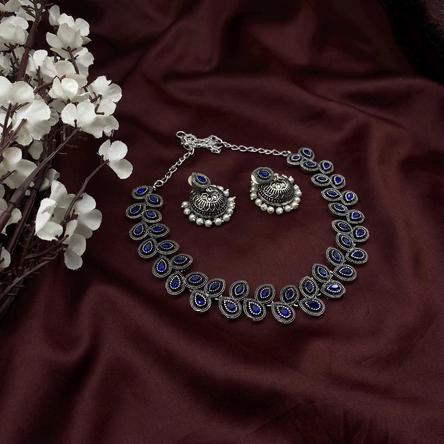 Oxidized Silver stone Choker Necklace with Matching Jhumka Earrings – Elegant Ethnic Jewelry by Quirky Fashions