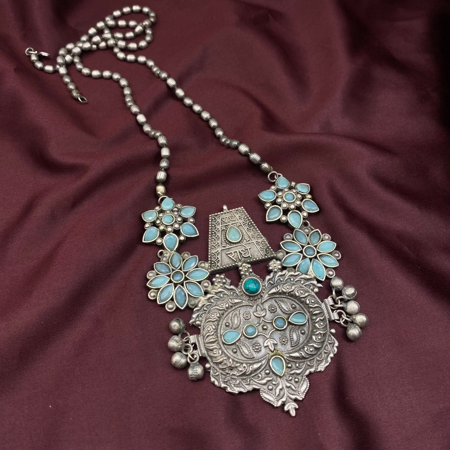 Fusion Statement Oxidised Silver Jewelry Tribal Ethnic Vintage Antique Handmade Necklace SLA Mint Blue Gemstone