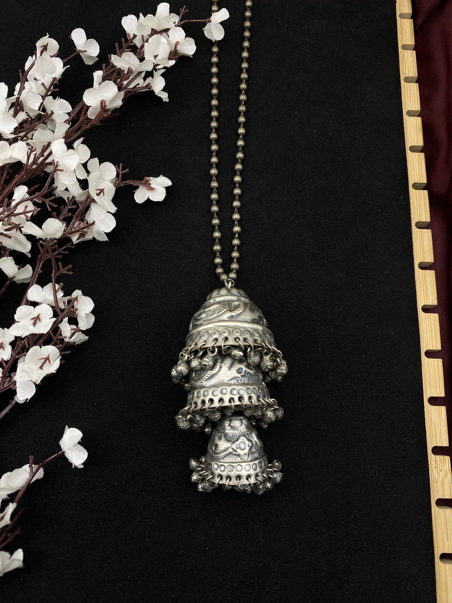 Oxidized Silver Tribal Bell Pendant Necklace | Ethnic Long Necklace | Boho Gypsy Statement Jewelry | Handmade Festival Jewelry