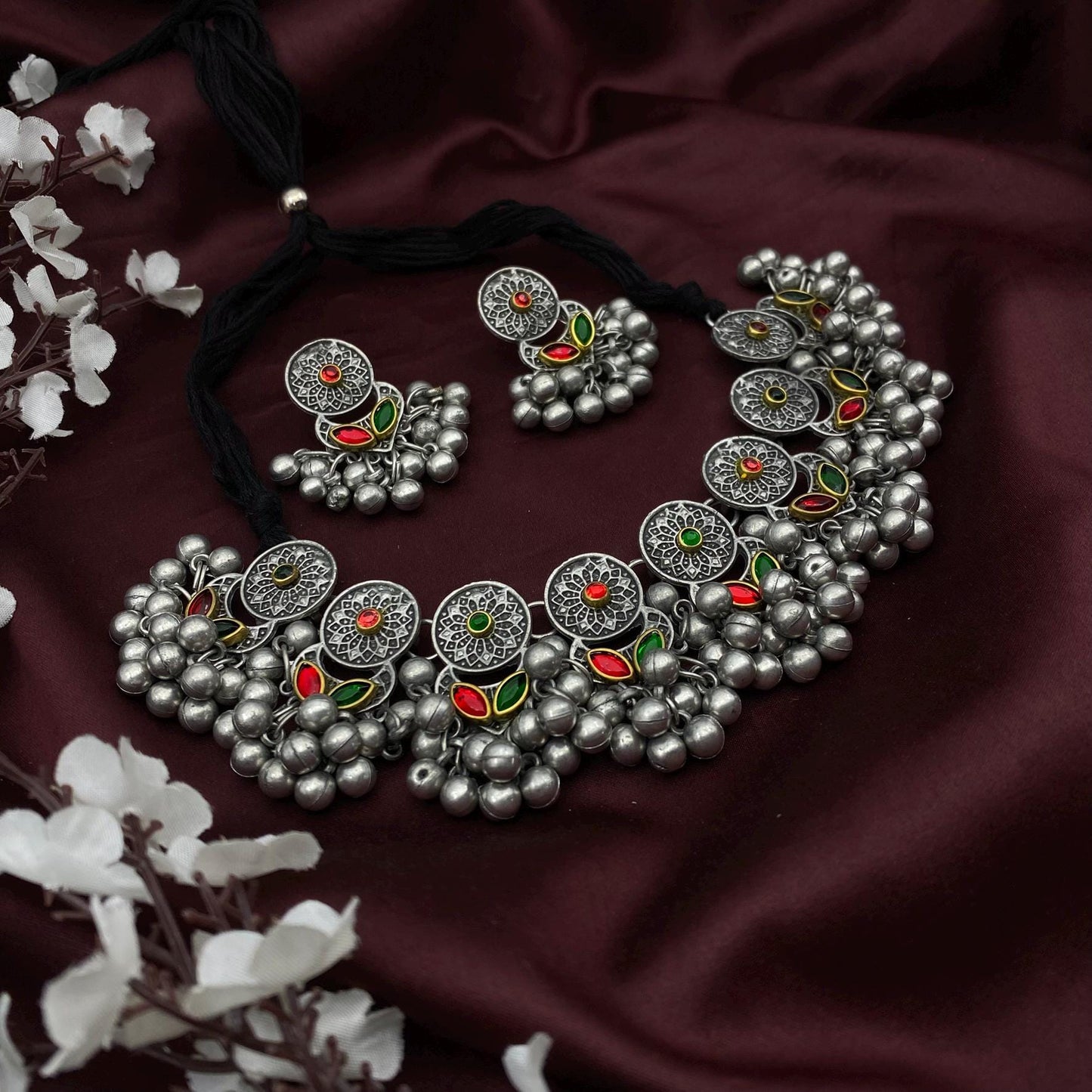 Oxidized Silver Choker Necklace Set | Tribal Statement Jewelry with Red & Green Enamel | Boho Ethnic Necklace with Earrings