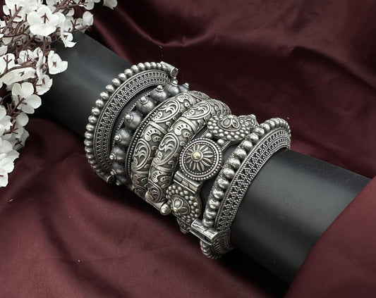 Set of 6 pc Indian Oxidised Silver kada bangles