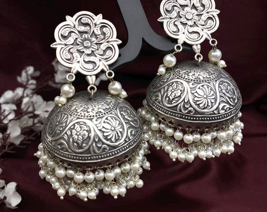 Indian Oxidized Silver Jumbo Jhumka Earrings
